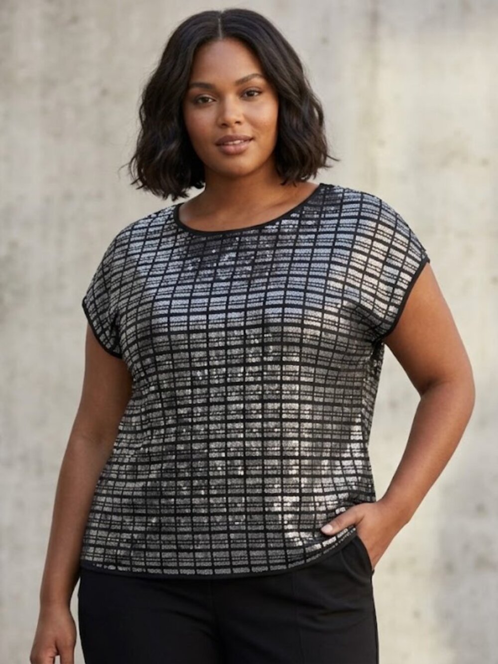 Calvin Klein Sequin 2X Gorgeous Short Sleeve Blouse Shirt Top‎